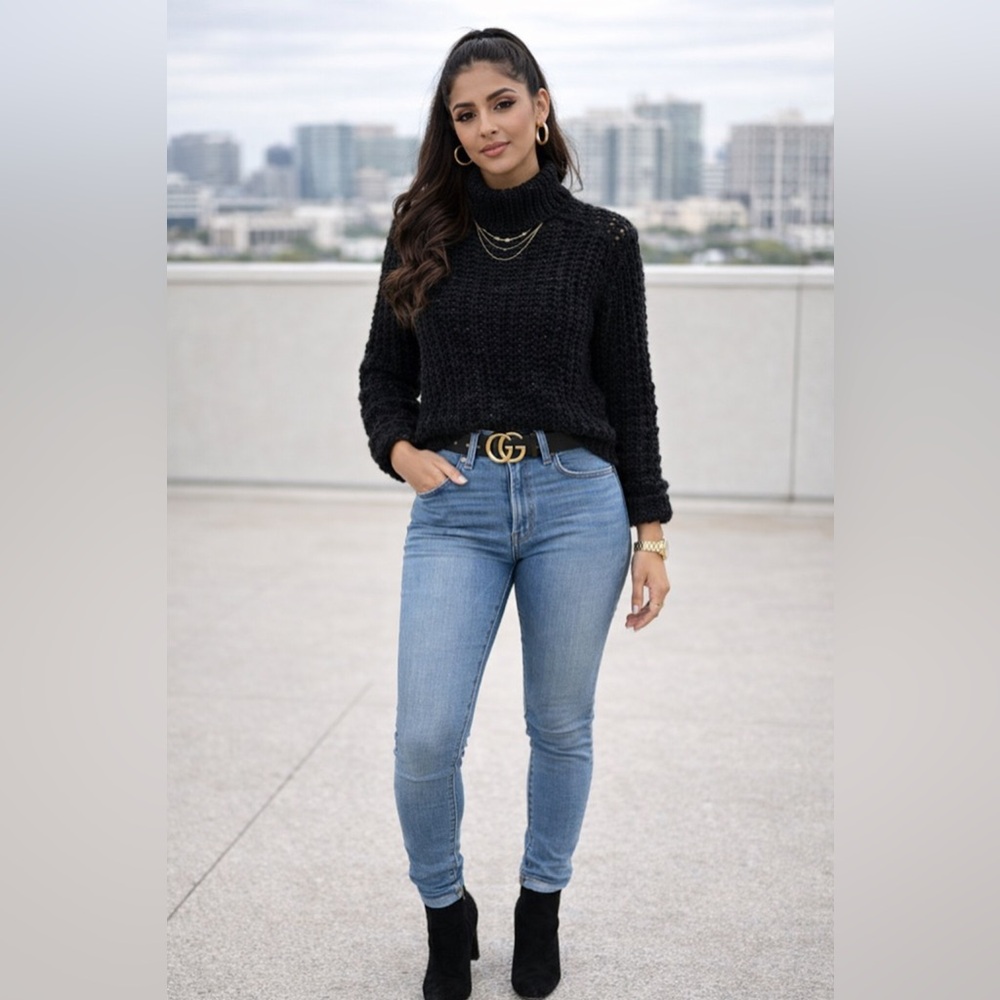 III State Chunky Crochet Knit Turtleneck Sweater